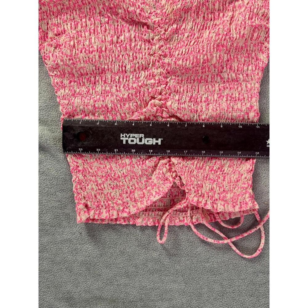 pink floral‎ smocked blouse cottagecore ruched tie front top xs - Picture 7 of 9